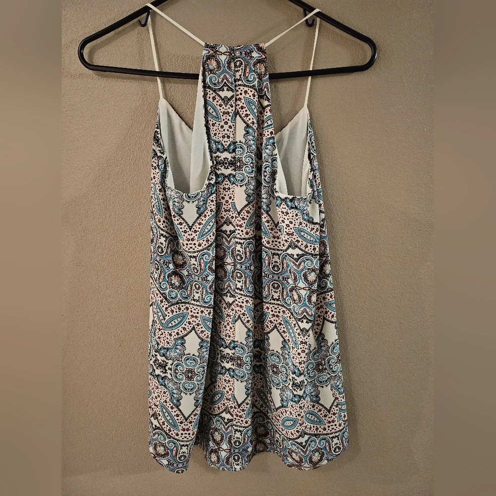 Express Patterned Spaghetti Strap Top - Blue, White, Cream - Picture 2 of 5